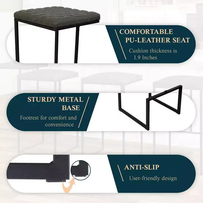 Sgabello da bar moderno in pelle trapuntata LeisureMod Quincy con struttura in metallo nero, sedia da bancone per isola cucina e posti a sedere a bancone