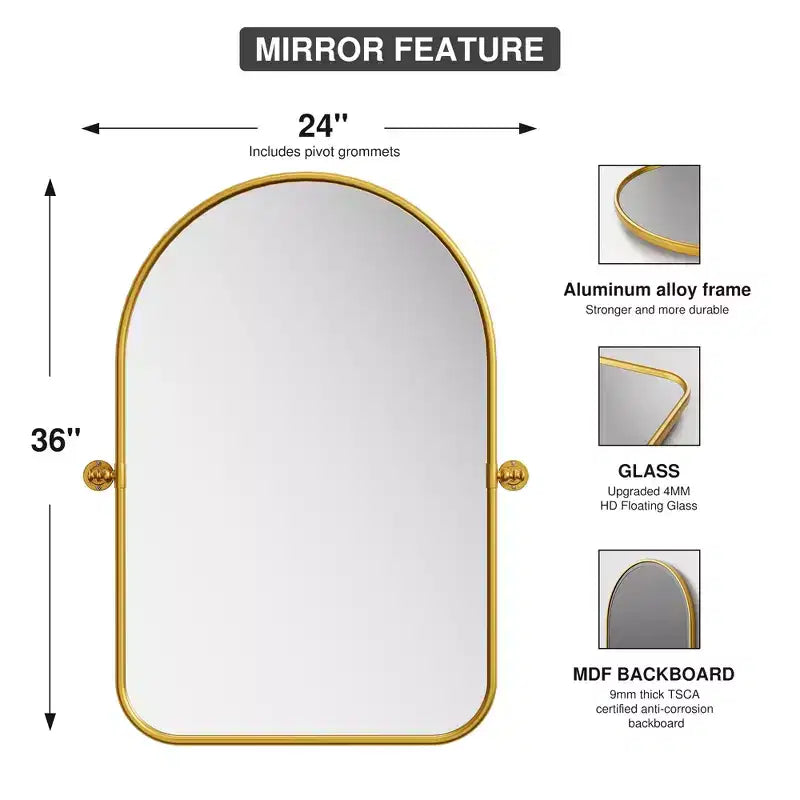 Dovelina Specchio ad Arco con Cornice in Metallo, Specchio Girevole da Bagno con Base da Appoggio