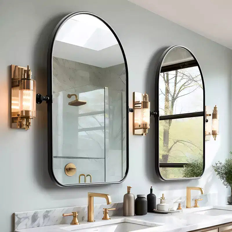Dovelina Specchio ad Arco con Cornice in Metallo, Specchio Girevole da Bagno con Base da Appoggio