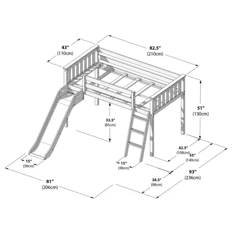 Max & Lily Letto a soppalco basso una piazza e mezza con scivolo, Letto a piattaforma per bambini in legno massello con 14 sponde protettive