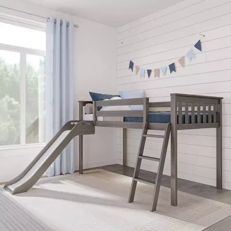 Max & Lily Letto a soppalco basso una piazza e mezza con scivolo, Letto a piattaforma per bambini in legno massello con 14 sponde protettive