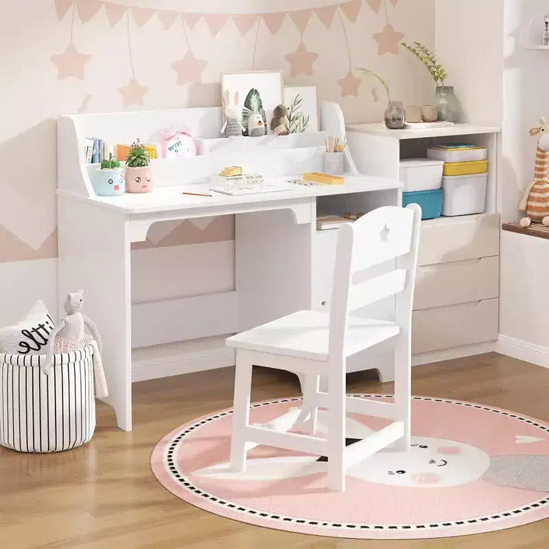 Garvee Kids Desk and Chair Set,Study Desk for Kids with Hutch, Storage Cabinet, Wooden Children Study Table,White