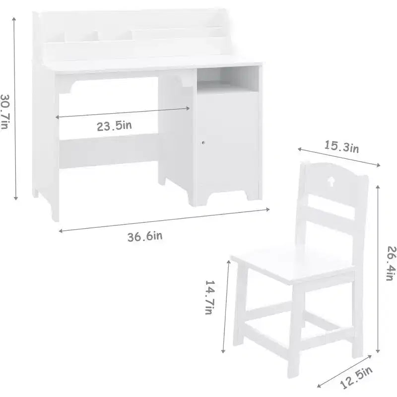 Garvee Set Scrivania e Sedia per Bambini, Scrivania da Studio per Bambini con Ripiani, Mobile Contenitore, Tavolo da Studio in Legno per Bambini, Bianco