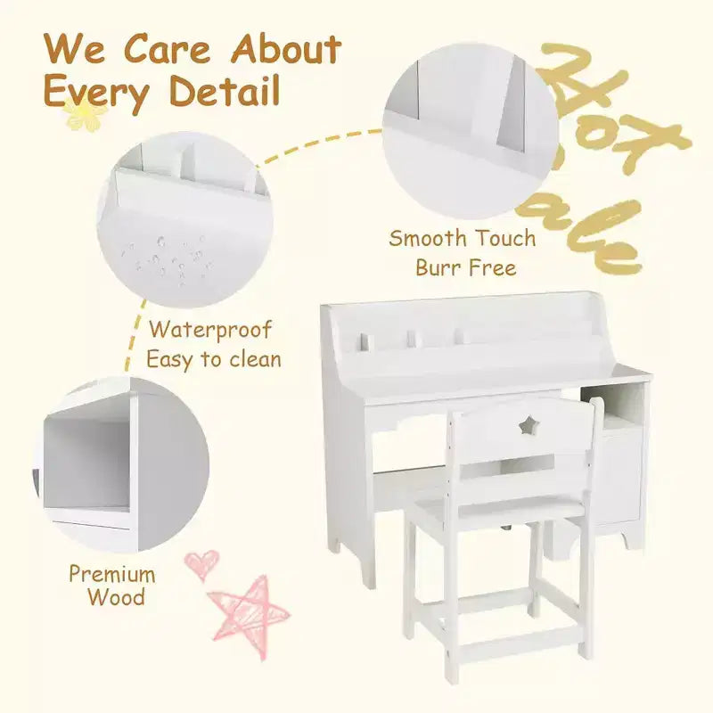 Garvee Set Scrivania e Sedia per Bambini, Scrivania da Studio per Bambini con Ripiani, Mobile Contenitore, Tavolo da Studio in Legno per Bambini, Bianco