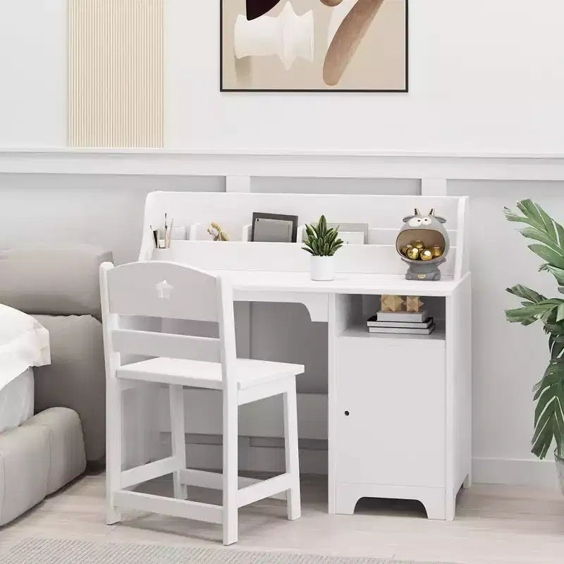 Garvee Set Scrivania e Sedia per Bambini, Scrivania da Studio per Bambini con Ripiani, Mobile Contenitore, Tavolo da Studio in Legno per Bambini, Bianco