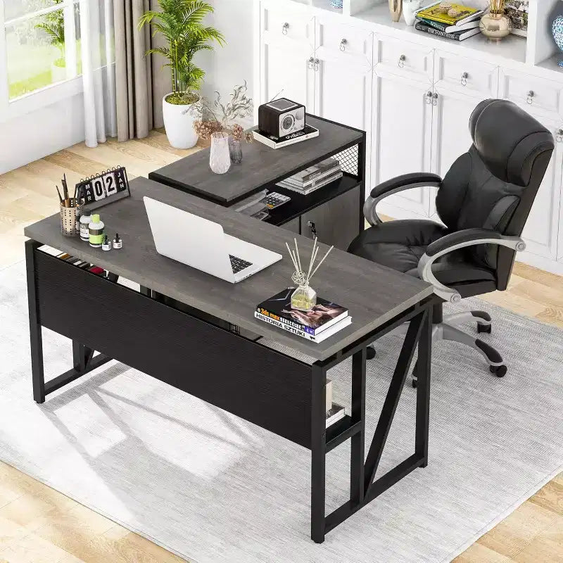 Scrivania Lantine 55 per computer con cassettiera mobile a 2 cassetti, scrivania direzionale moderna a L con ripiani portaoggetti per l'ufficio domestico
