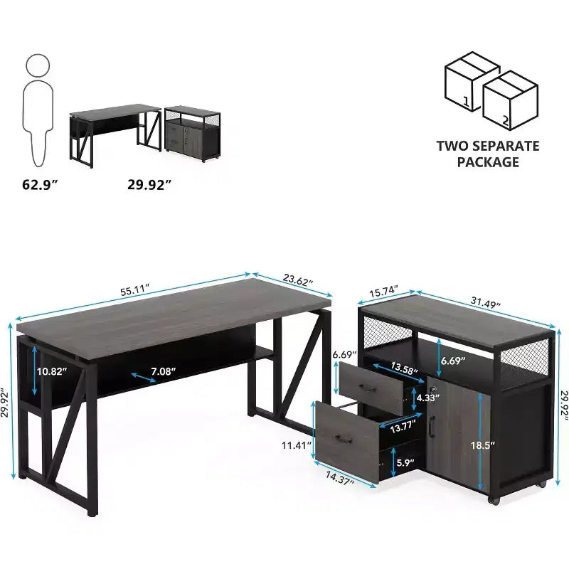 Scrivania Lantine 55 per computer con cassettiera mobile a 2 cassetti, scrivania direzionale moderna a L con ripiani portaoggetti per l'ufficio domestico