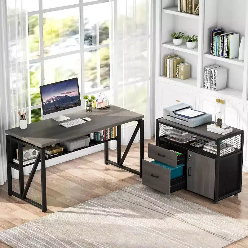 Scrivania Lantine 55 per computer con cassettiera mobile a 2 cassetti, scrivania direzionale moderna a L con ripiani portaoggetti per l'ufficio domestico