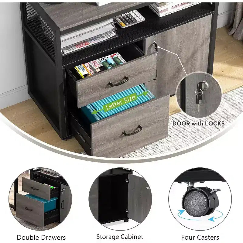 Scrivania Lantine 55 per computer con cassettiera mobile a 2 cassetti, scrivania direzionale moderna a L con ripiani portaoggetti per l'ufficio domestico