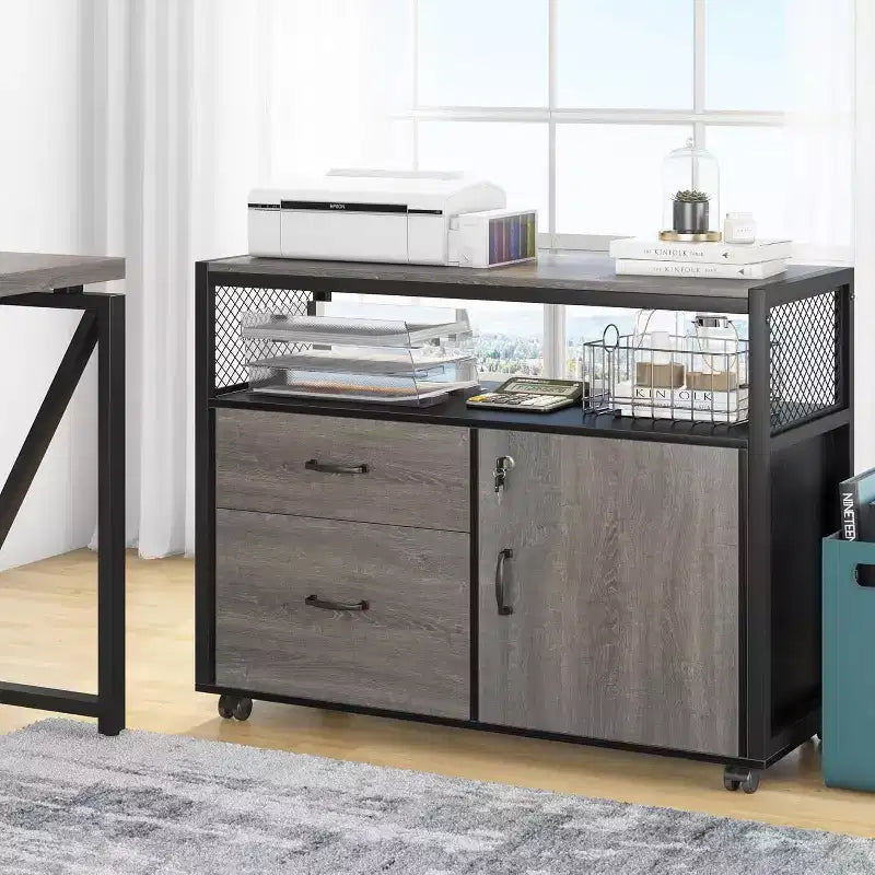 Scrivania Lantine 55 per computer con cassettiera mobile a 2 cassetti, scrivania direzionale moderna a L con ripiani portaoggetti per l'ufficio domestico