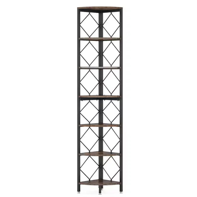 Lantine Industrial 7-Tier Corner Bookshelf, 78.7 Extra Tall Slim Bookcase, Wood Corner Shelf Stand Storage Rack for Home Office