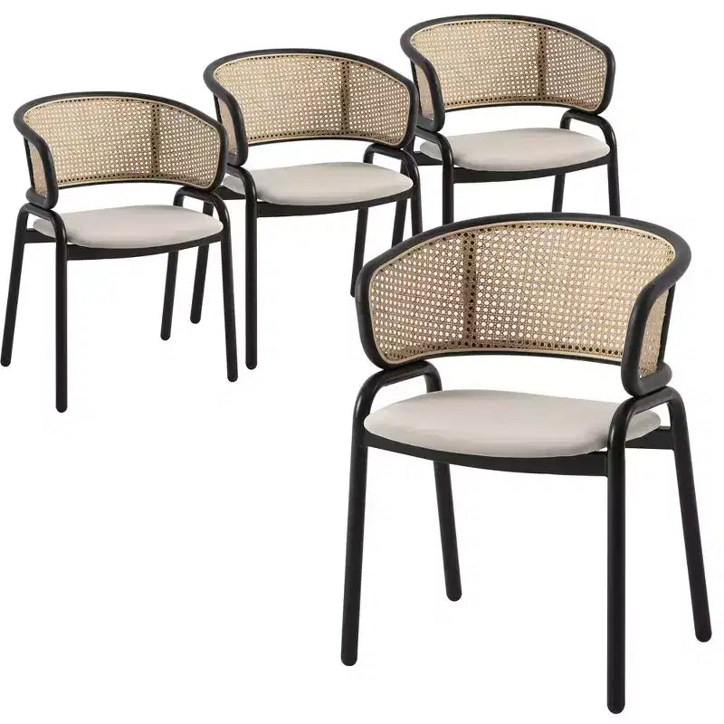 LeisureMod Ervilla Set of 4 Wicker Back Dining Chairs with Leather Seat and Black Steel Frame, Modern Indoor Kitchen, Dining Room, Table Seating