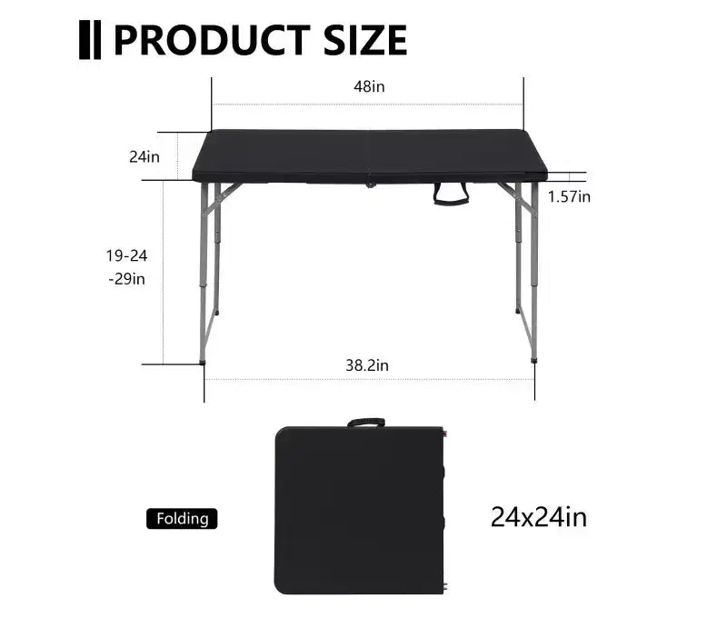 Tavolo pieghevole portatile da 120 cm, in HDPE, per interni ed esterni, gambe in acciaio verniciato a polvere, 6 posti, nero