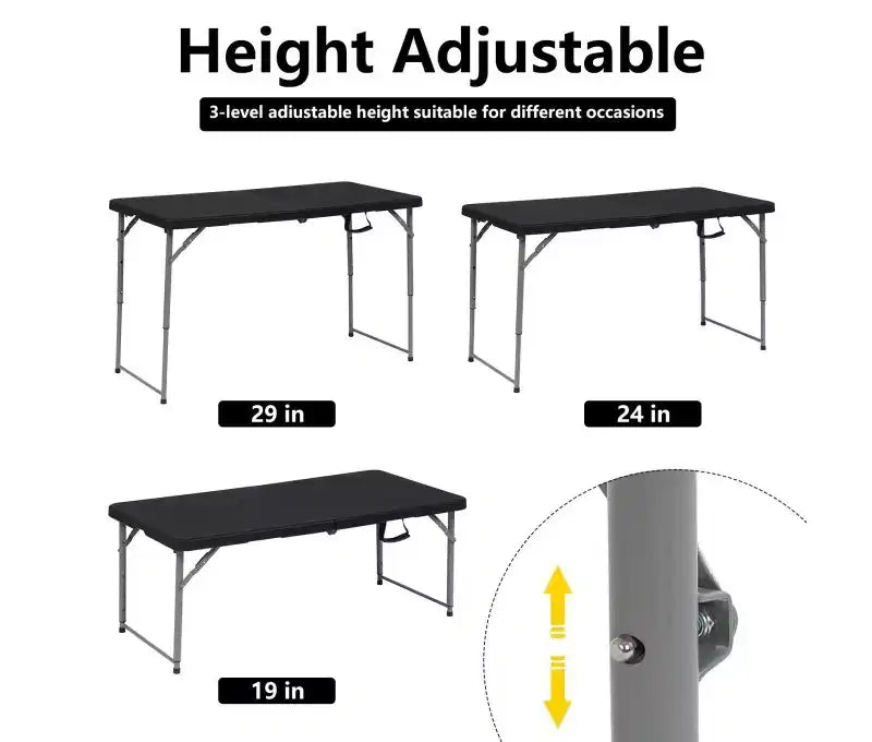Tavolo pieghevole portatile da 120 cm, in HDPE, per interni ed esterni, gambe in acciaio verniciato a polvere, 6 posti, nero