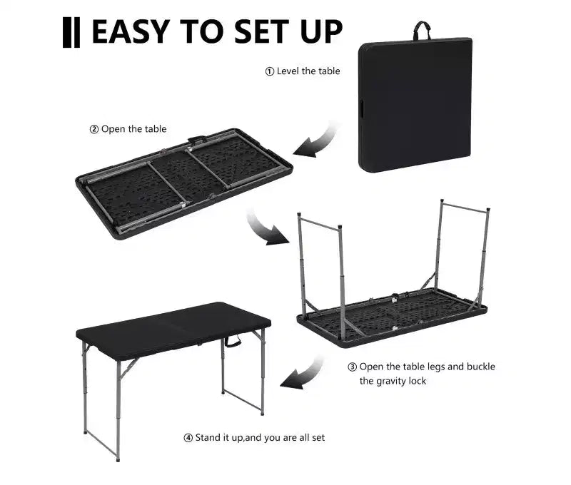 Tavolo pieghevole portatile da 120 cm, in HDPE, per interni ed esterni, gambe in acciaio verniciato a polvere, 6 posti, nero