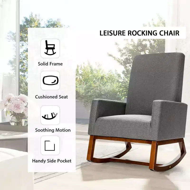 Costway Sedia a dondolo imbottita in tessuto stile retrò Mid Century, Poltrona moderna Beige\Grigio
