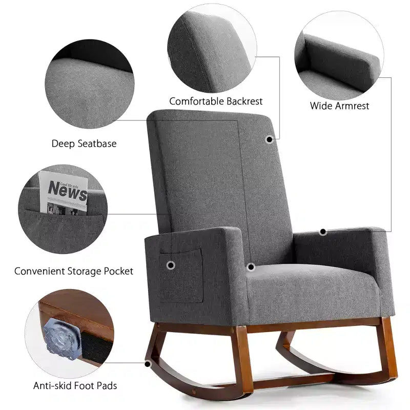 Costway Sedia a dondolo imbottita in tessuto stile retrò Mid Century, Poltrona moderna Beige\Grigio