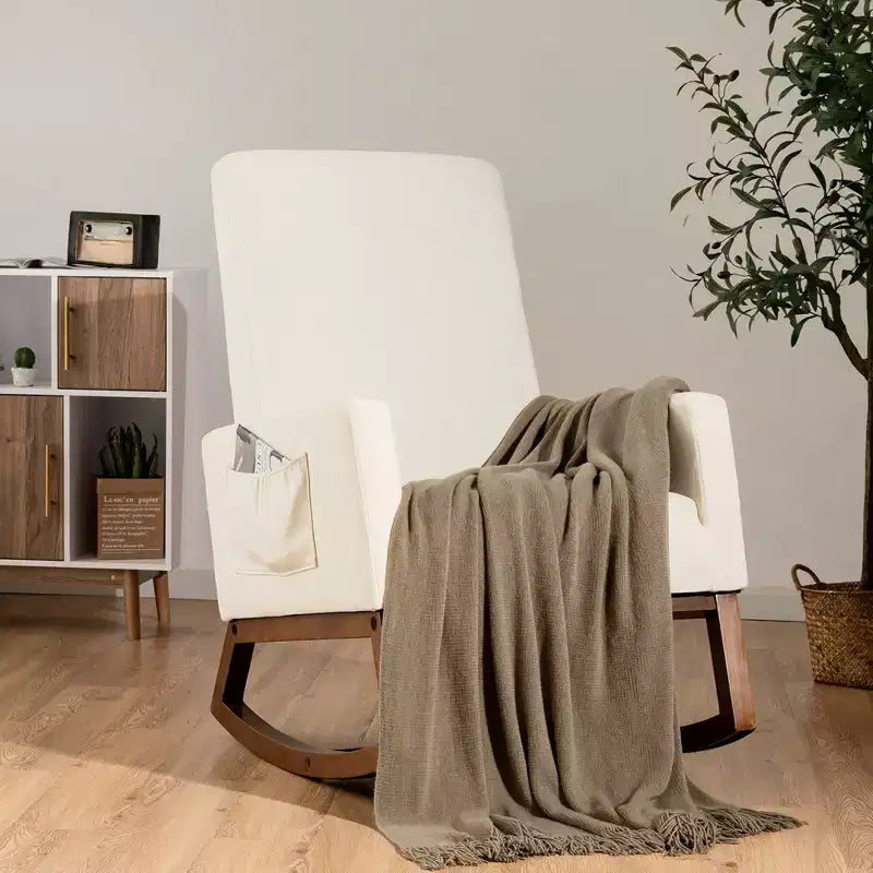 Costway Sedia a dondolo imbottita in tessuto stile retrò Mid Century, Poltrona moderna Beige\Grigio