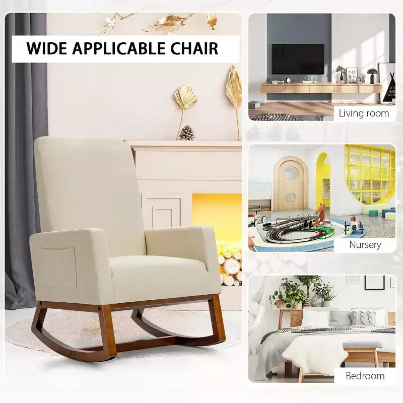 Costway Sedia a dondolo imbottita in tessuto stile retrò Mid Century, Poltrona moderna Beige\Grigio