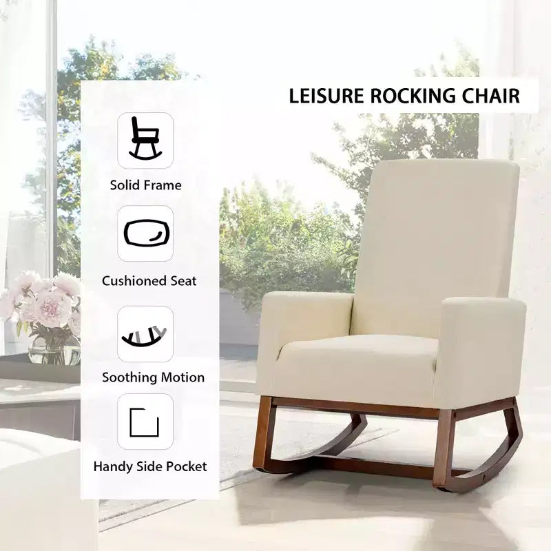 Costway Sedia a dondolo imbottita in tessuto stile retrò Mid Century, Poltrona moderna Beige\Grigio