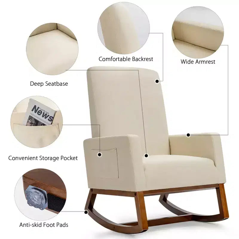 Costway Sedia a dondolo imbottita in tessuto stile retrò Mid Century, Poltrona moderna Beige\Grigio