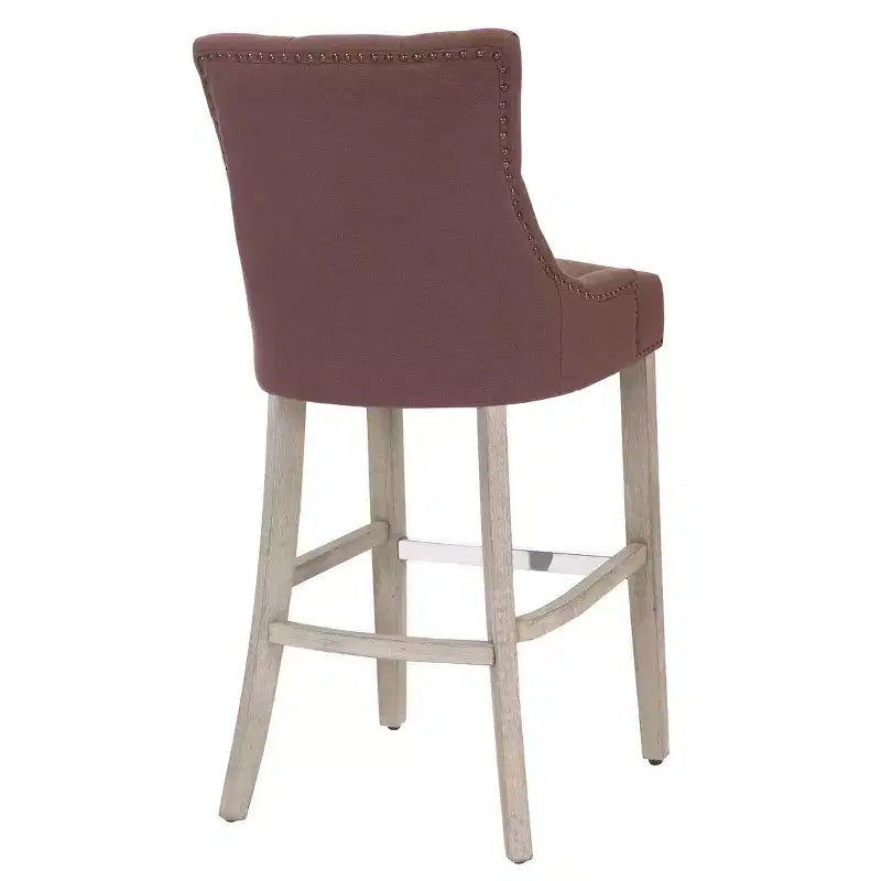 Sgabello da bar imbottito WestinTrends 29 con bottoni trapuntati in lino e schienale a orecchioni (Set di 2), Marrone