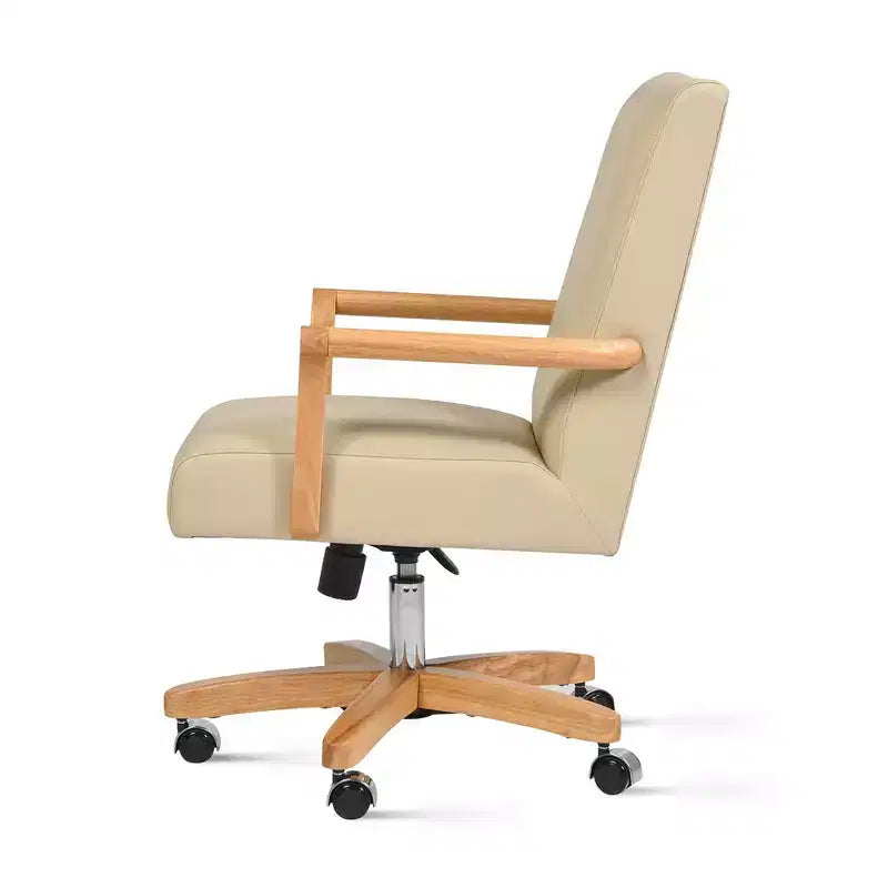 Sedia Direzionale Dumont Modern Farmhouse High Back per Ufficio Domestico, Pelle Beige Crema Neutro e Legno Naturale