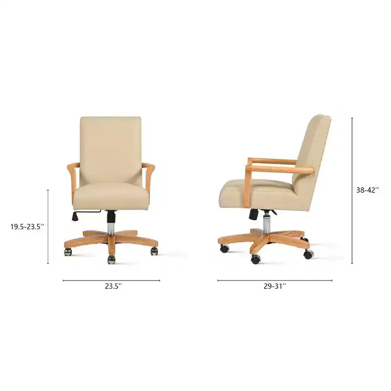 Sedia Direzionale Dumont Modern Farmhouse High Back per Ufficio Domestico, Pelle Beige Crema Neutro e Legno Naturale