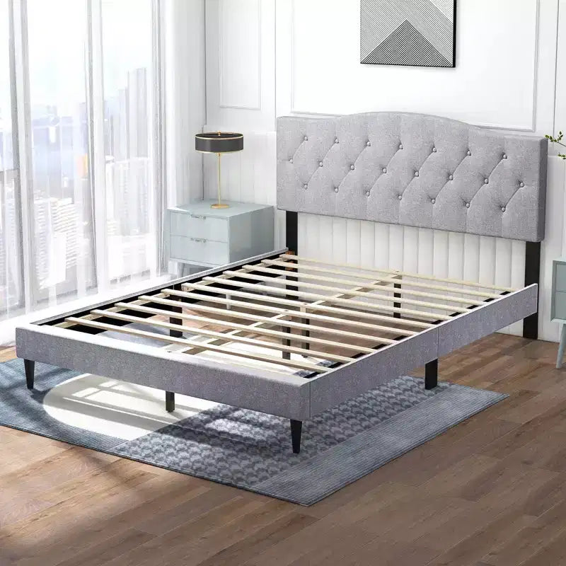 Costway Letto matrimoniale imbottito con piattaforma, Struttura letto in lino con testiera trapuntata a bottoni