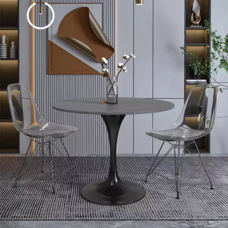Tavolo da pranzo rotondo LeisureMod Verve 36 - Piano in pietra sinterizzata con base a piedistallo moderna nera, tavolino per sala da pranzo e cucina contemporanee