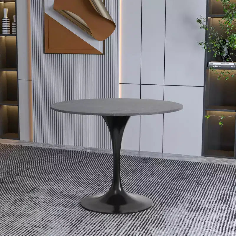 Tavolo da pranzo rotondo LeisureMod Verve 36 - Piano in pietra sinterizzata con base a piedistallo moderna nera, tavolino per sala da pranzo e cucina contemporanee