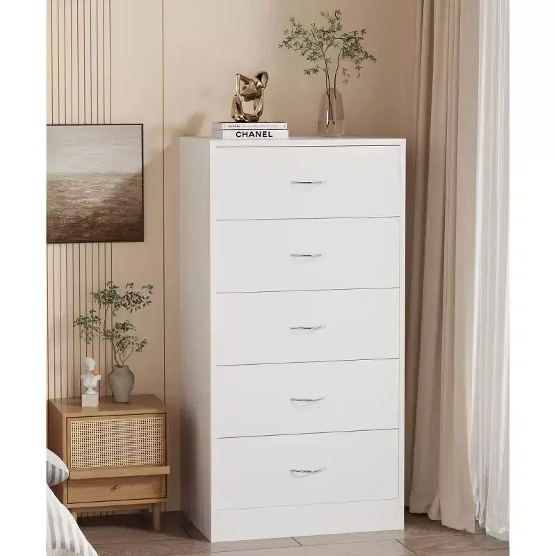 Tall 5 Drawer Dresser for Bedroom 49.4 Inch Chest of Drawers MDF Wood White Finish
