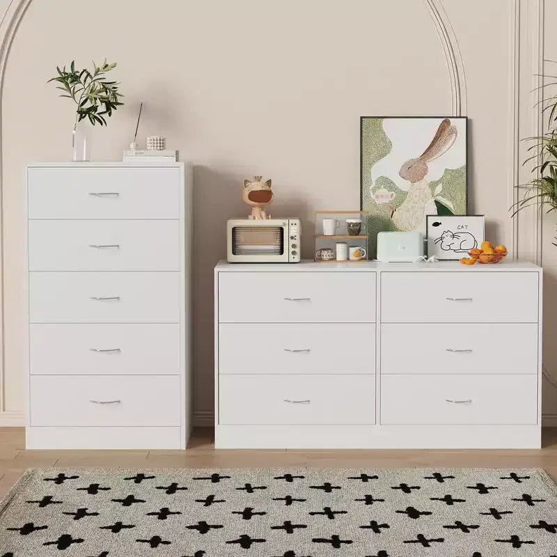 Cassettiera Alta con 5 Cassetti per Camera da Letto 125,5 cm in MDF Legno Finitura Bianca