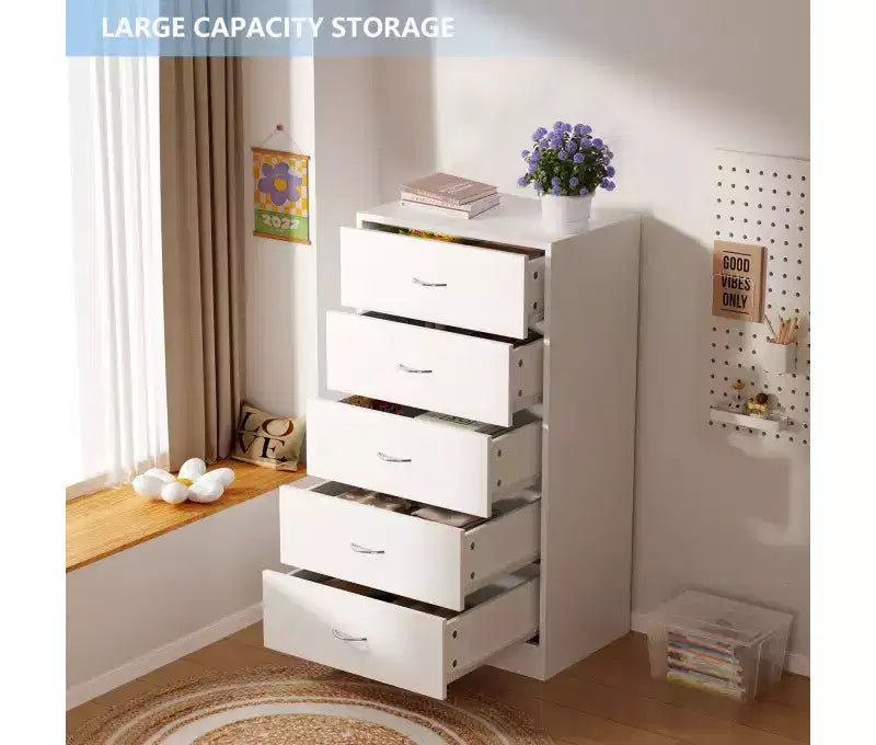 Cassettiera Alta con 5 Cassetti per Camera da Letto 125,5 cm in MDF Legno Finitura Bianca