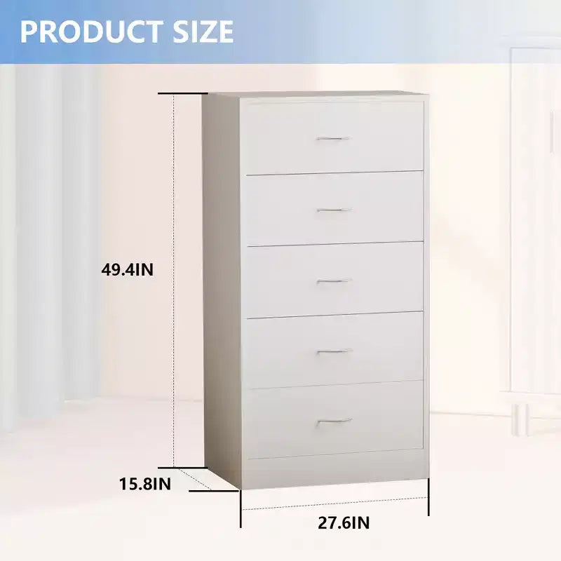 Cassettiera Alta con 5 Cassetti per Camera da Letto 125,5 cm in MDF Legno Finitura Bianca