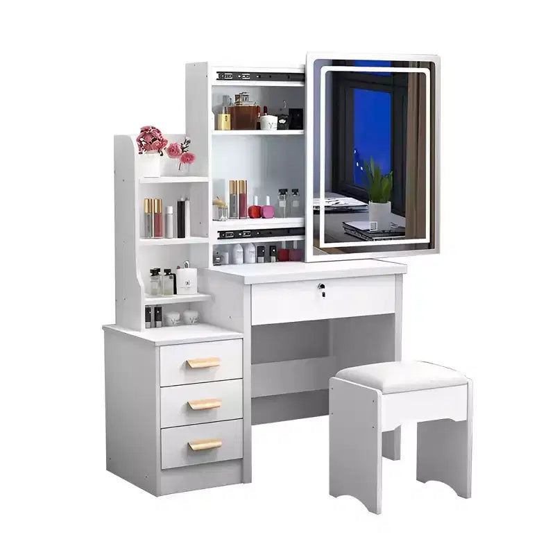 Toeletta 34,8W con 4 cassetti e sedia, specchiera con luce LED a 3 colori per il trucco, bianca 4W - ModernLuxe