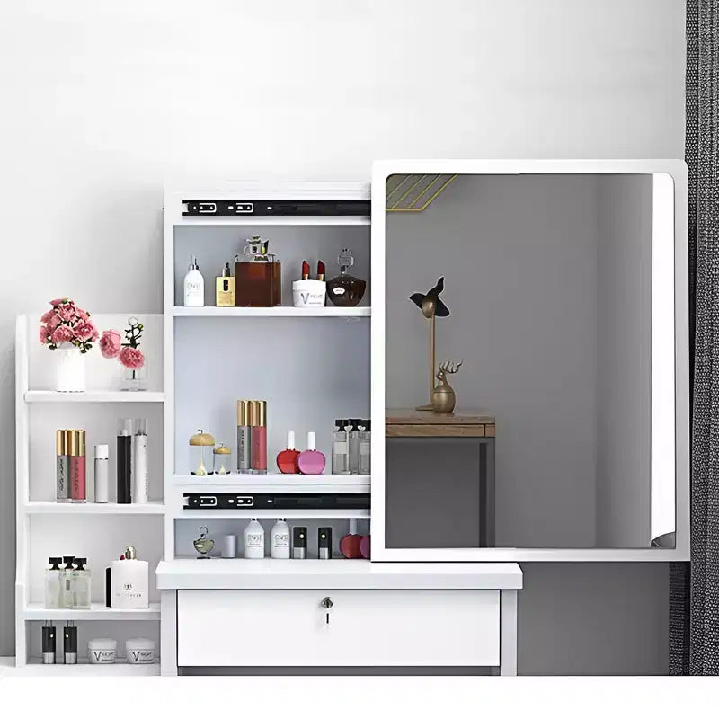 Toeletta 34,8W con 4 cassetti e sedia, specchiera con luce LED a 3 colori per il trucco, bianca 4W - ModernLuxe