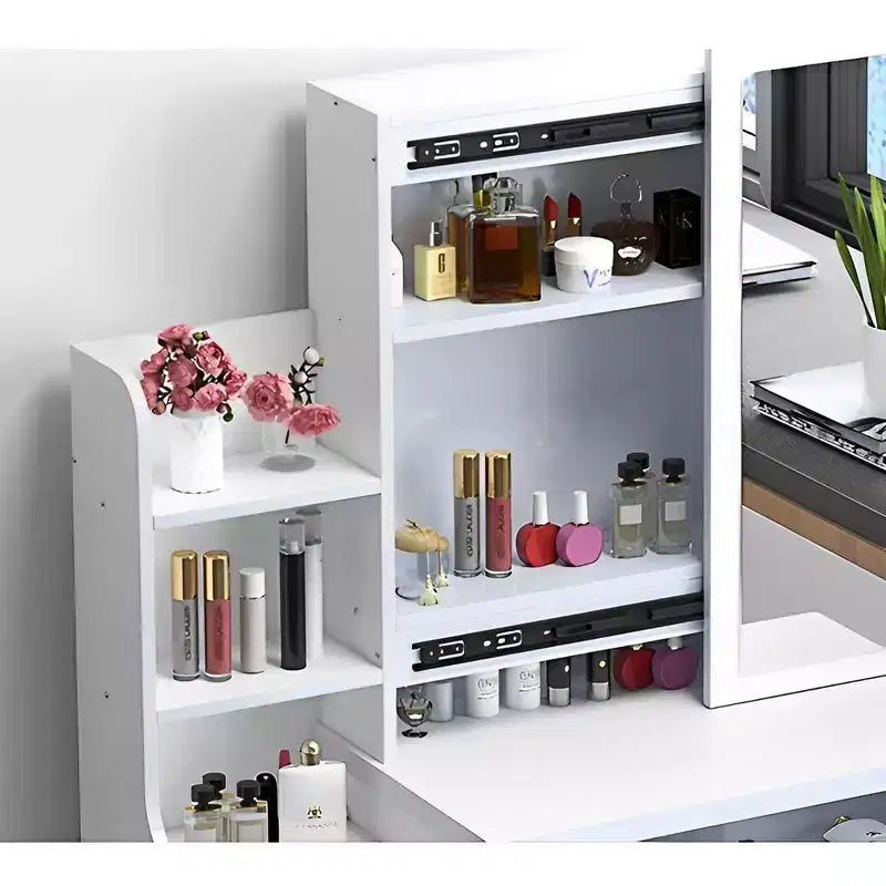 Toeletta 34,8W con 4 cassetti e sedia, specchiera con luce LED a 3 colori per il trucco, bianca 4W - ModernLuxe
