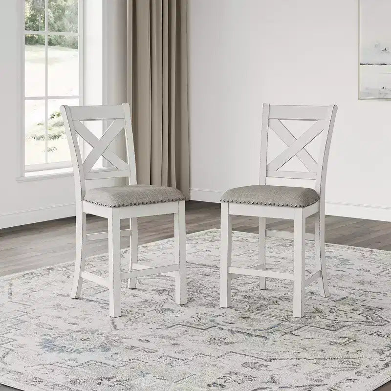 Signature Design by Ashley Robbinsdale Farmhouse Counter Height Bar Stools with X-Back and Nailhead Trim, Set of 2, Antique White