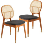 LeisureMod Holbeck Wicker Dining Chair with Upholstered Leather Seat and Beech Wood Legs, Set of 2