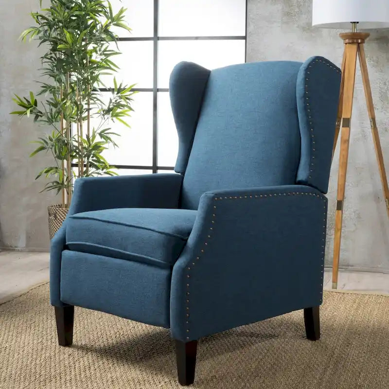 Poltrona reclinabile a spinta con schienale alto e borchie in tessuto – Blu navy / Grigio / Rosso / Antracite / Grano, Singola