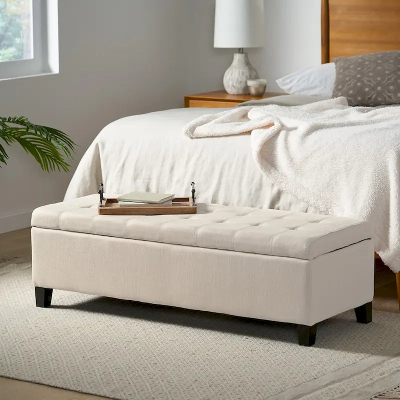 Panca Pouf Contenitore Trapuntata con Coperchio Sollevabile e Gambe in Legno di Betulla – Diversi Colori (Tessuto e Velluto), Singolo