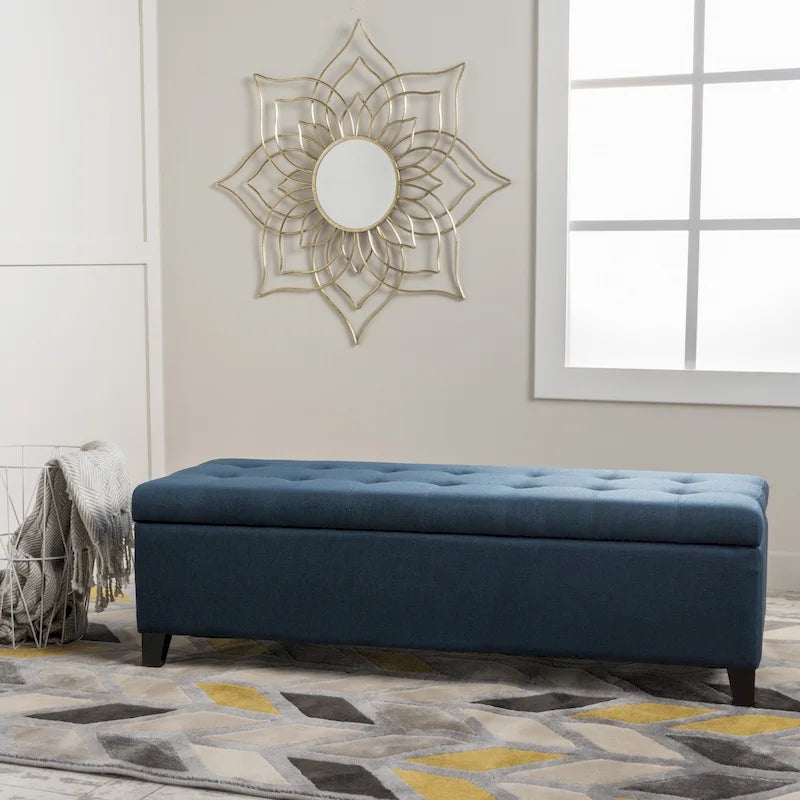 Panca Pouf Contenitore Trapuntata con Coperchio Sollevabile e Gambe in Legno di Betulla – Diversi Colori (Tessuto e Velluto), Singolo
