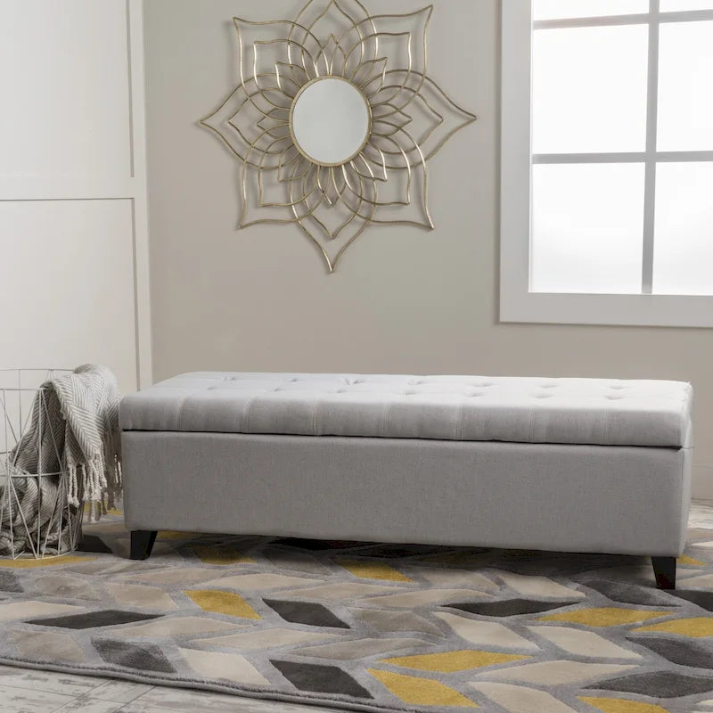 Panca Pouf Contenitore Trapuntata con Coperchio Sollevabile e Gambe in Legno di Betulla – Diversi Colori (Tessuto e Velluto), Singolo
