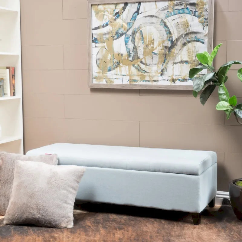 Panca Pouf Contenitore Trapuntata con Coperchio Sollevabile e Gambe in Legno di Betulla – Diversi Colori (Tessuto e Velluto), Singolo