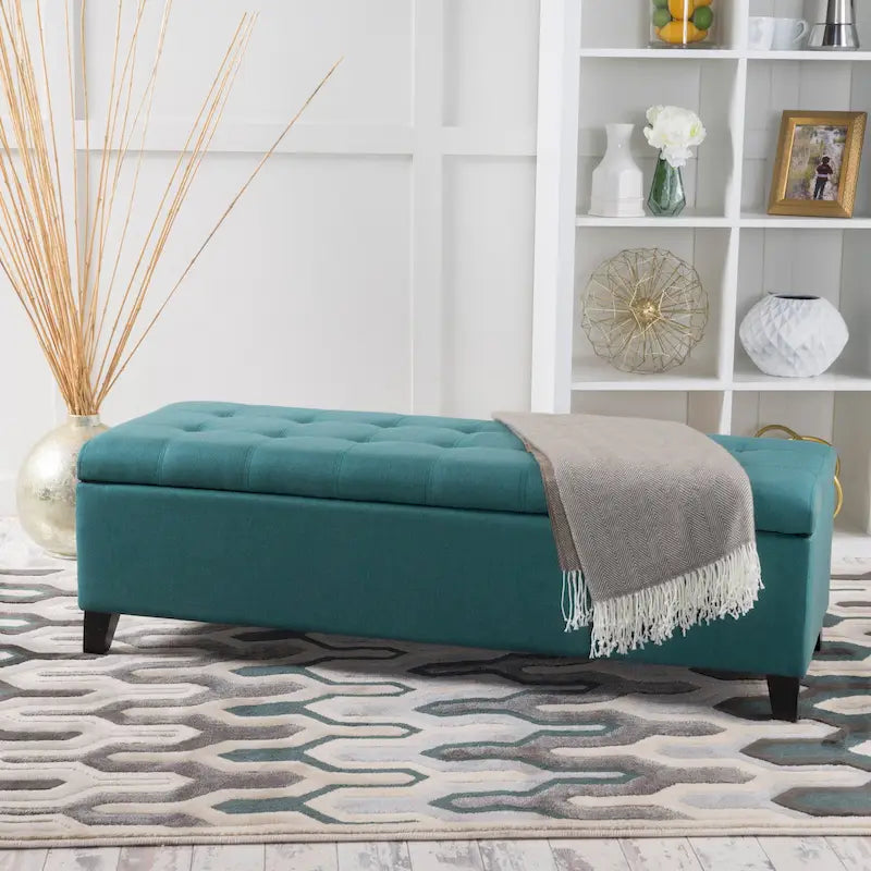 Panca Pouf Contenitore Trapuntata con Coperchio Sollevabile e Gambe in Legno di Betulla – Diversi Colori (Tessuto e Velluto), Singolo