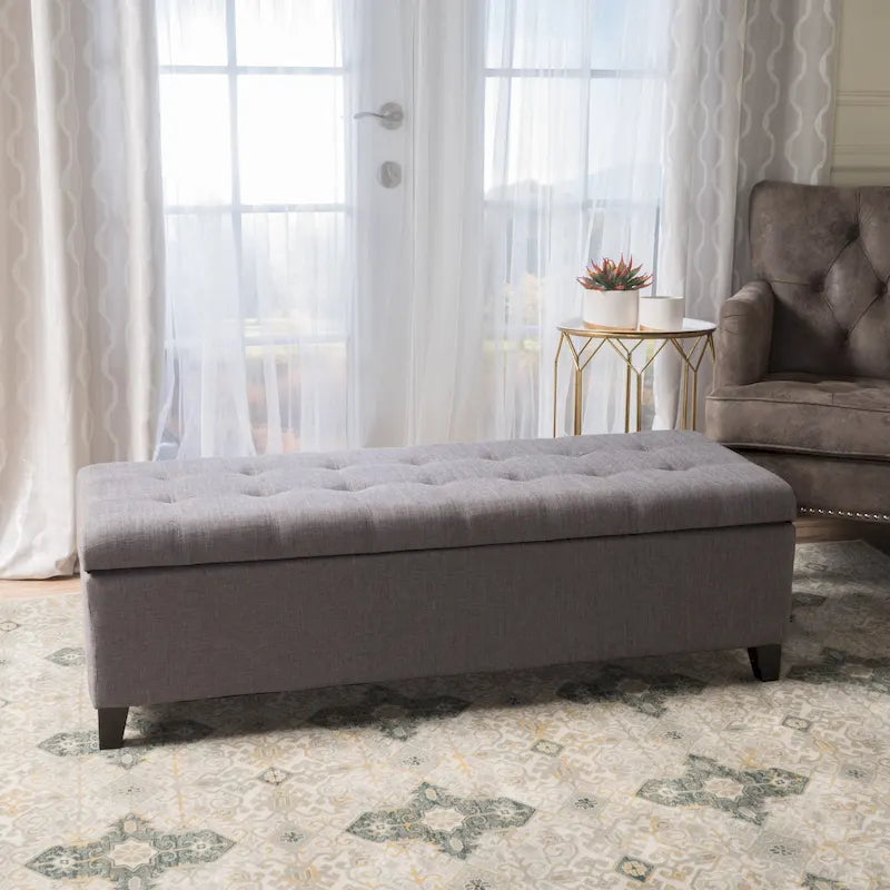 Panca Pouf Contenitore Trapuntata con Coperchio Sollevabile e Gambe in Legno di Betulla – Diversi Colori (Tessuto e Velluto), Singolo