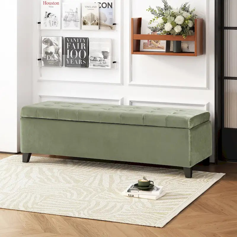 Panca Pouf Contenitore Trapuntata con Coperchio Sollevabile e Gambe in Legno di Betulla – Diversi Colori (Tessuto e Velluto), Singolo