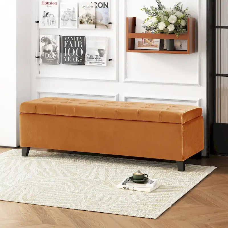 Panca Pouf Contenitore Trapuntata con Coperchio Sollevabile e Gambe in Legno di Betulla – Diversi Colori (Tessuto e Velluto), Singolo