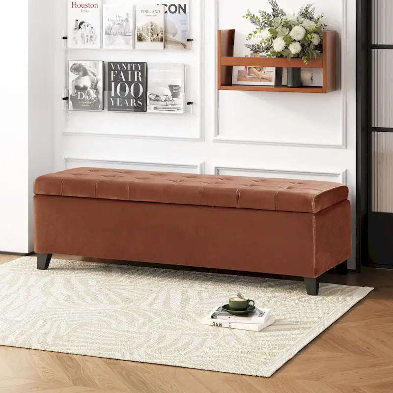 Panca Pouf Contenitore Trapuntata con Coperchio Sollevabile e Gambe in Legno di Betulla – Diversi Colori (Tessuto e Velluto), Singolo